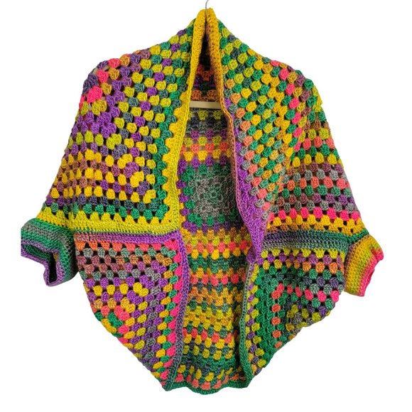 Vintage Sweaters - Bohemian Women's Bright Multicolored Hand Knitted Cardigan Shrug Size Medium